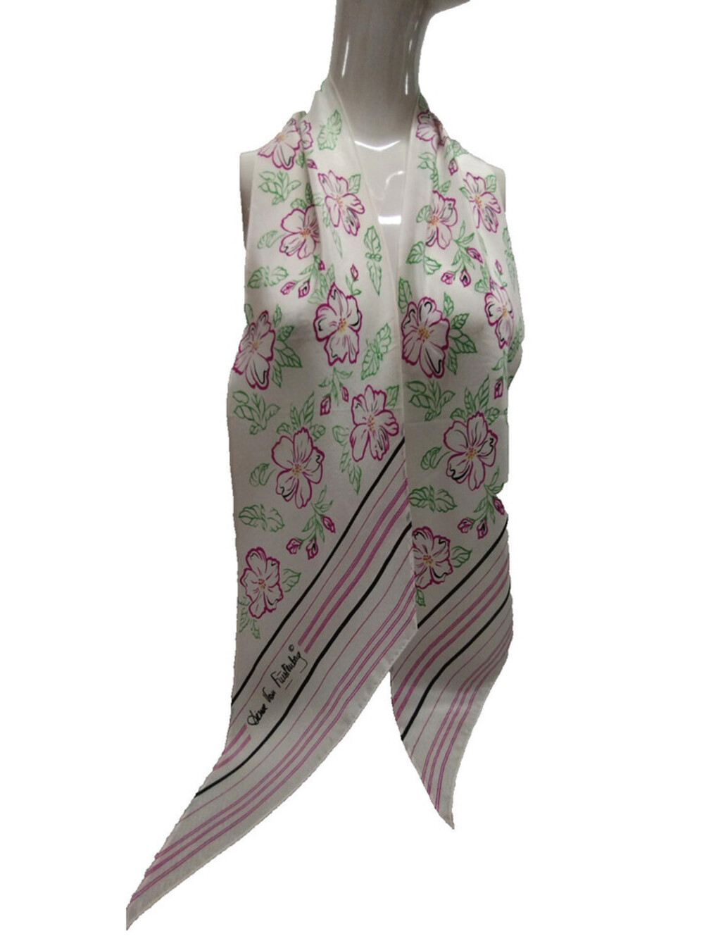 Diane von Furstenberg Scarf White 1970s 80s Oblong Vintage All Silk Pointy Long